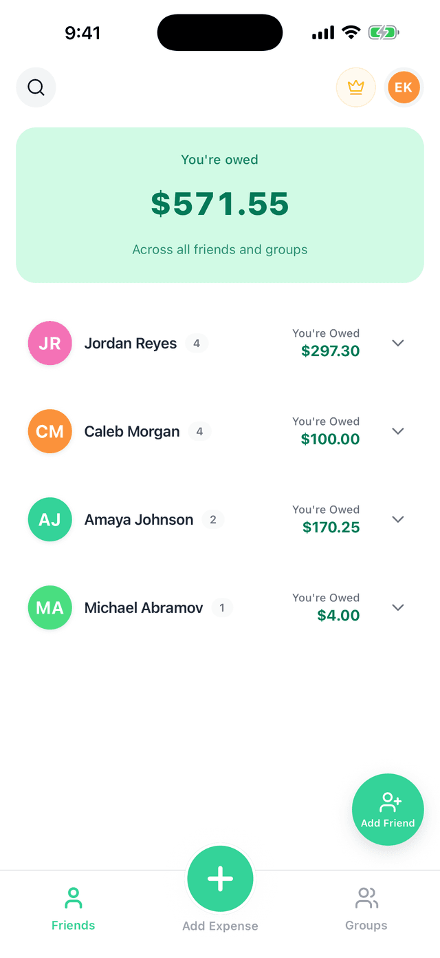 The Split! home screen showing balances with friends and groups