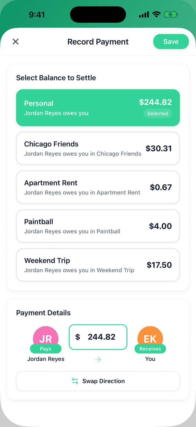 The Split! record-payment screen settling a $244.82 balance in one tap